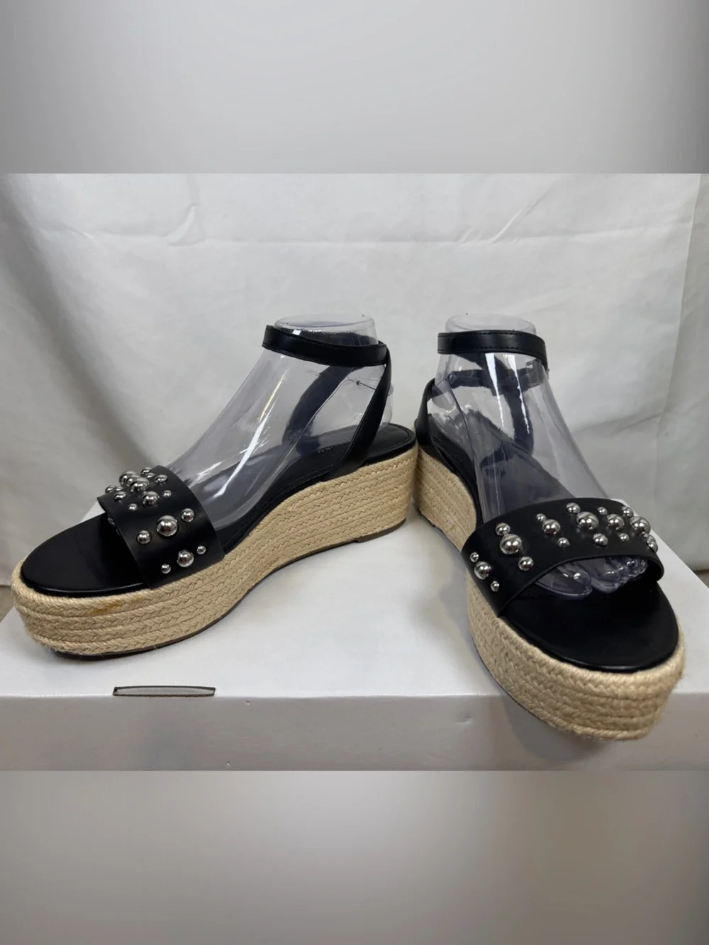 Marc Fisher Joyce Black Studded Espadrille Wedge Platform Sandal Size 10